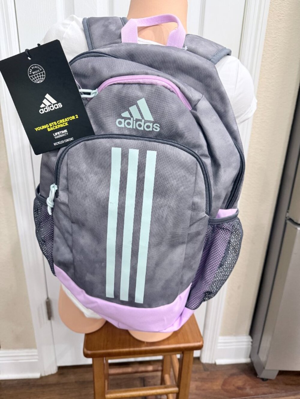 NWT adidas Young BTS Creator 2 Backpack Gray Pink Mint School Book Bag Laptop - Picture 2 of 16